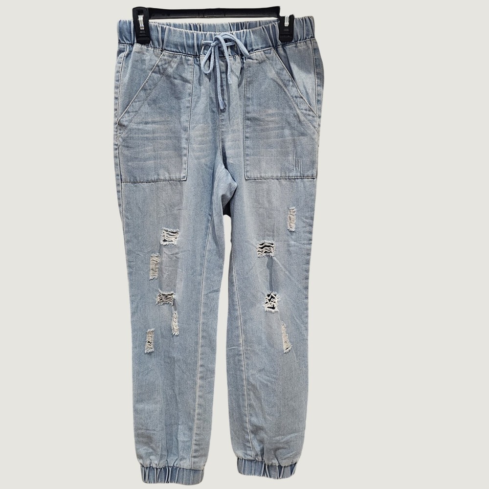 100% Cotton Women's Denim Baggy Distressed Jean Sz Medium Pull On Paper Bag Pant